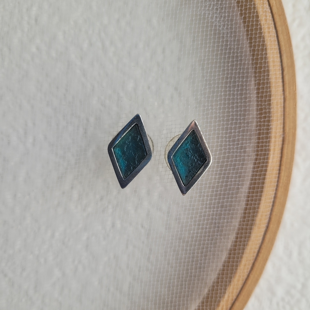 Vintage Seaglass 925 Silver Stud Earrings Diamond Shape